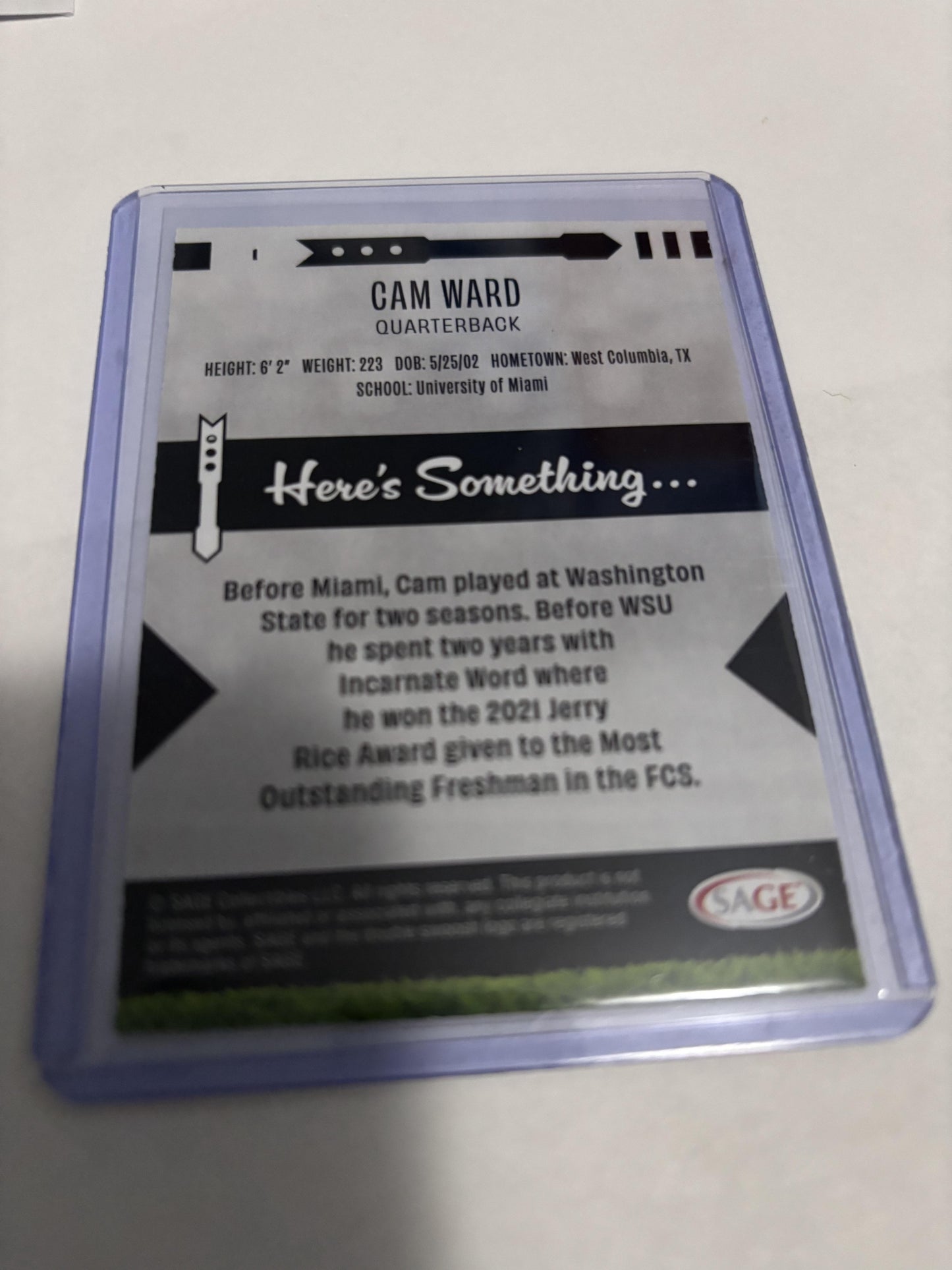 Cam Ward 2024 SAGE Artistry #9 Rookie RC Miami Hurricanes