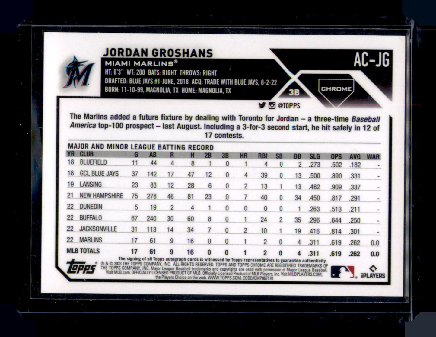 2023 Topps Chrome Jordan Groshans Rookie Auto Autograph RC #AC-JG Marlins