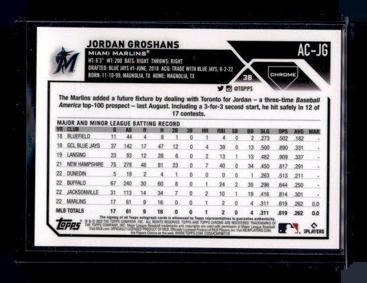 2023 Topps Chrome Jordan Groshans Rookie Auto Autograph RC #AC-JG Marlins