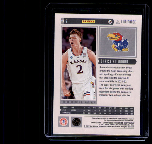 2022 Panini Chronicles Luminance Christian Braun Rookie Card #6 Kansas RC