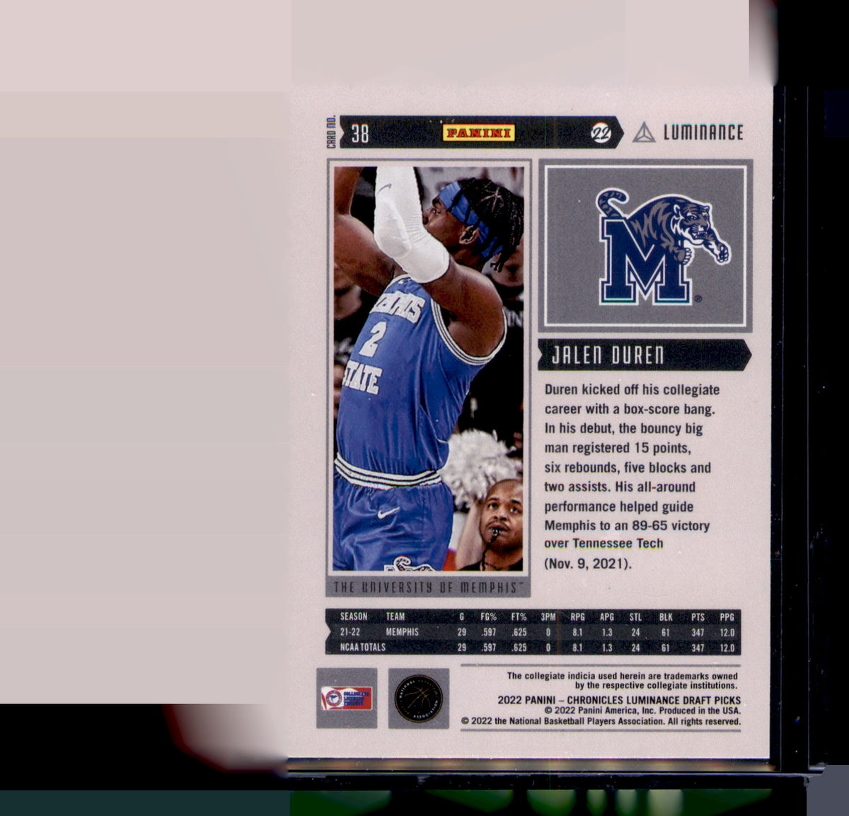 2022-23 Panini Chronicles Jalen Duren RC Luminance #38 Memphis Tigers RC