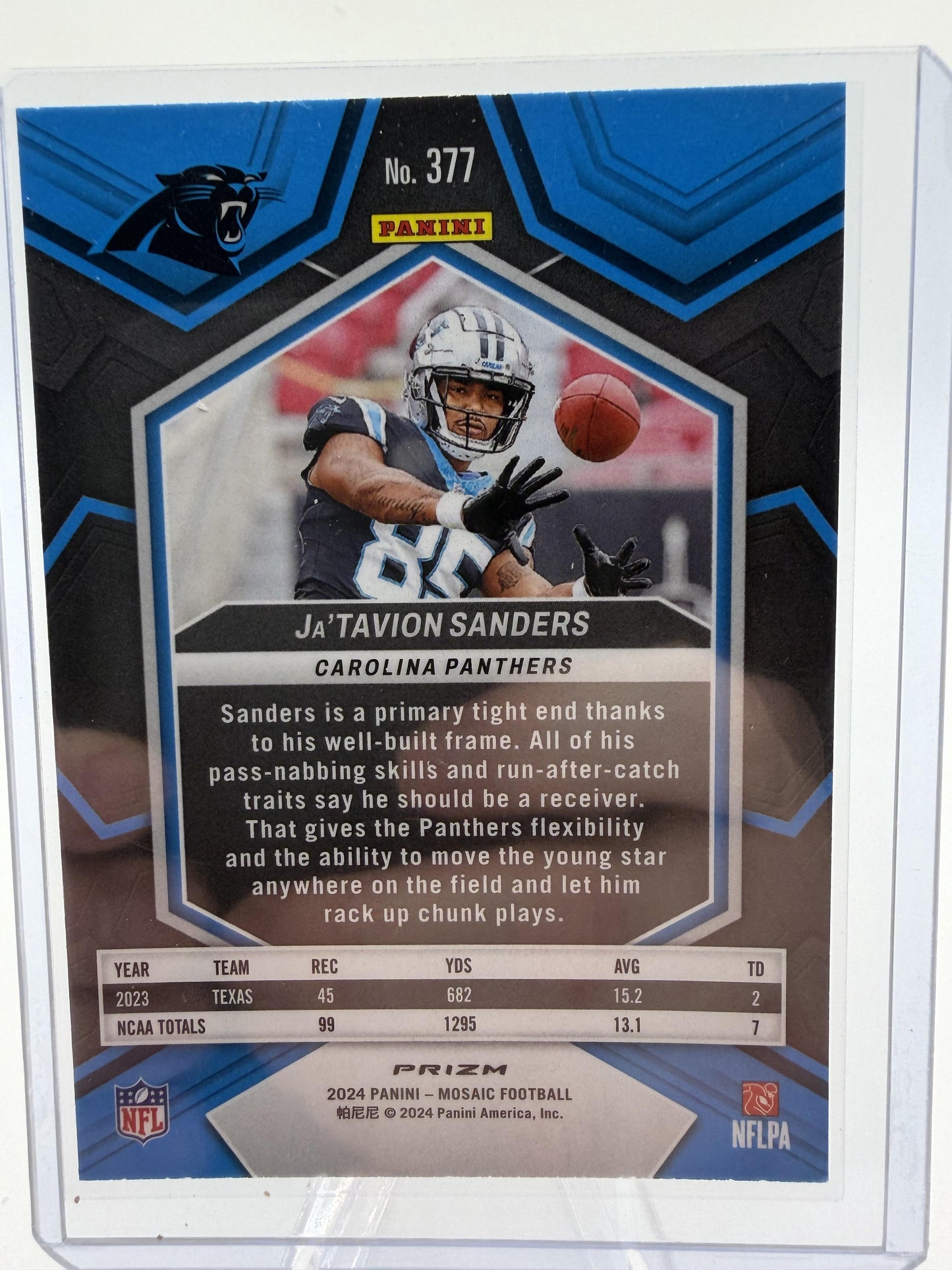 2024 Panini Mosaic Ja'Tavion Sanders Honeycomb Prizm #377 RC Panthers Card