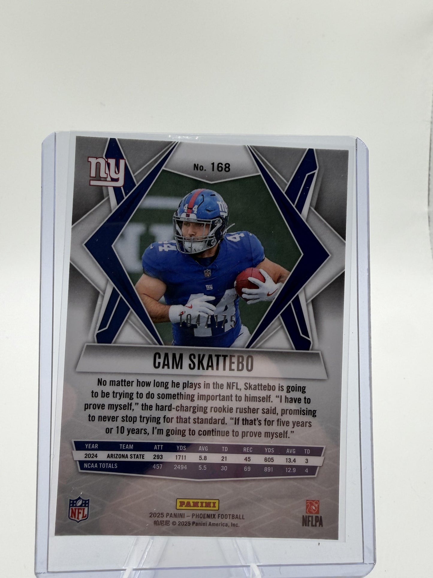 2025 Panini Phoenix Cam Skattebo Green Prizm RC Card /175 Giants #168 Rookie