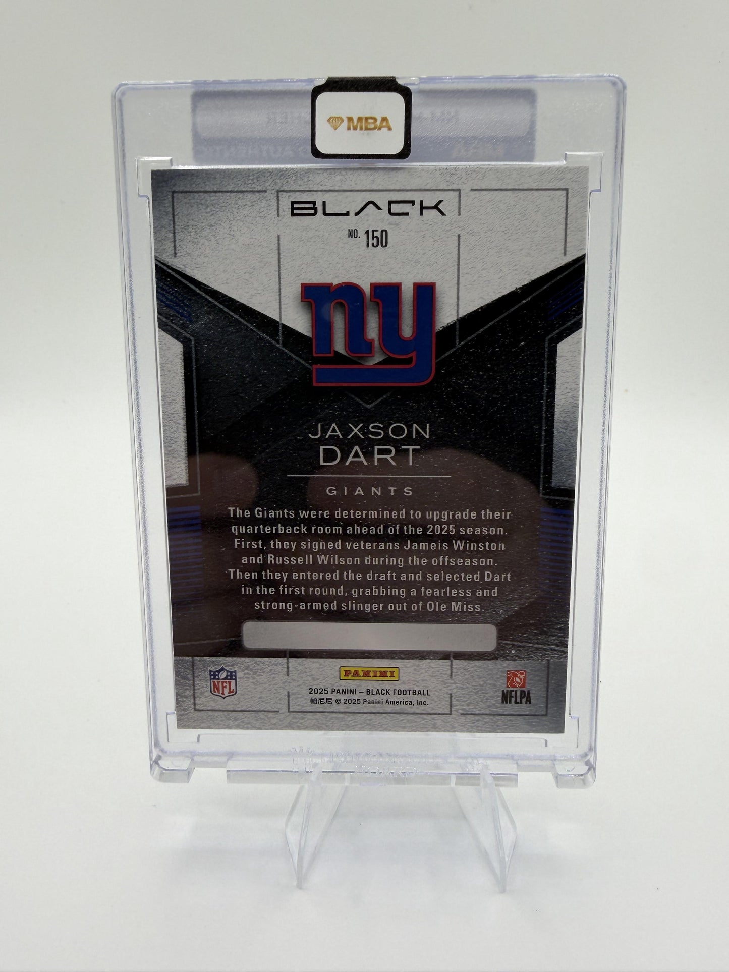 2025 Panini Black Jaxson Dart Rookie Card /99 MBA Authenticated Giants Card