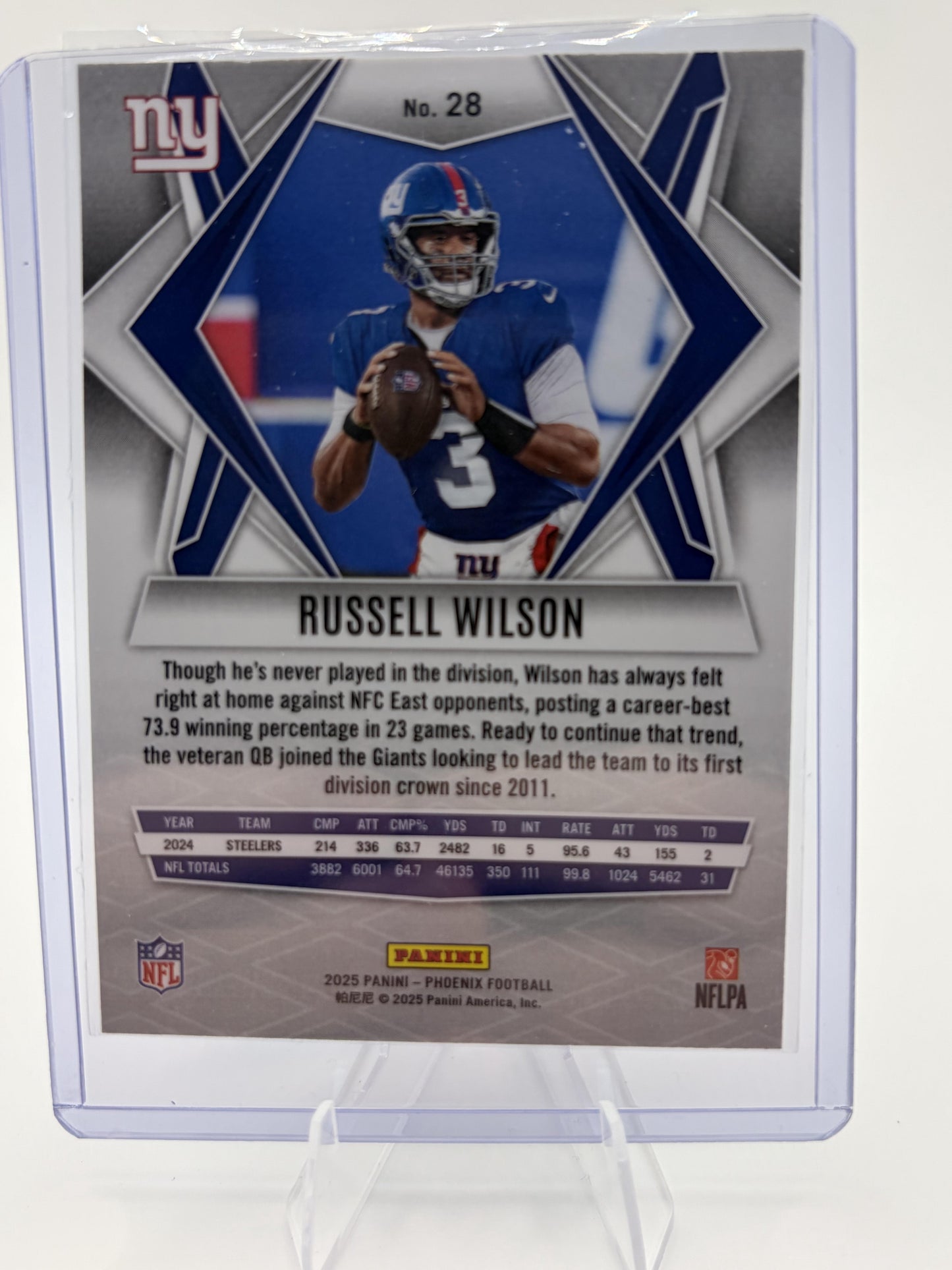 2025 Panini Phoenix Russell Wilson Silver Holo Prizm Card #28 New York Giants