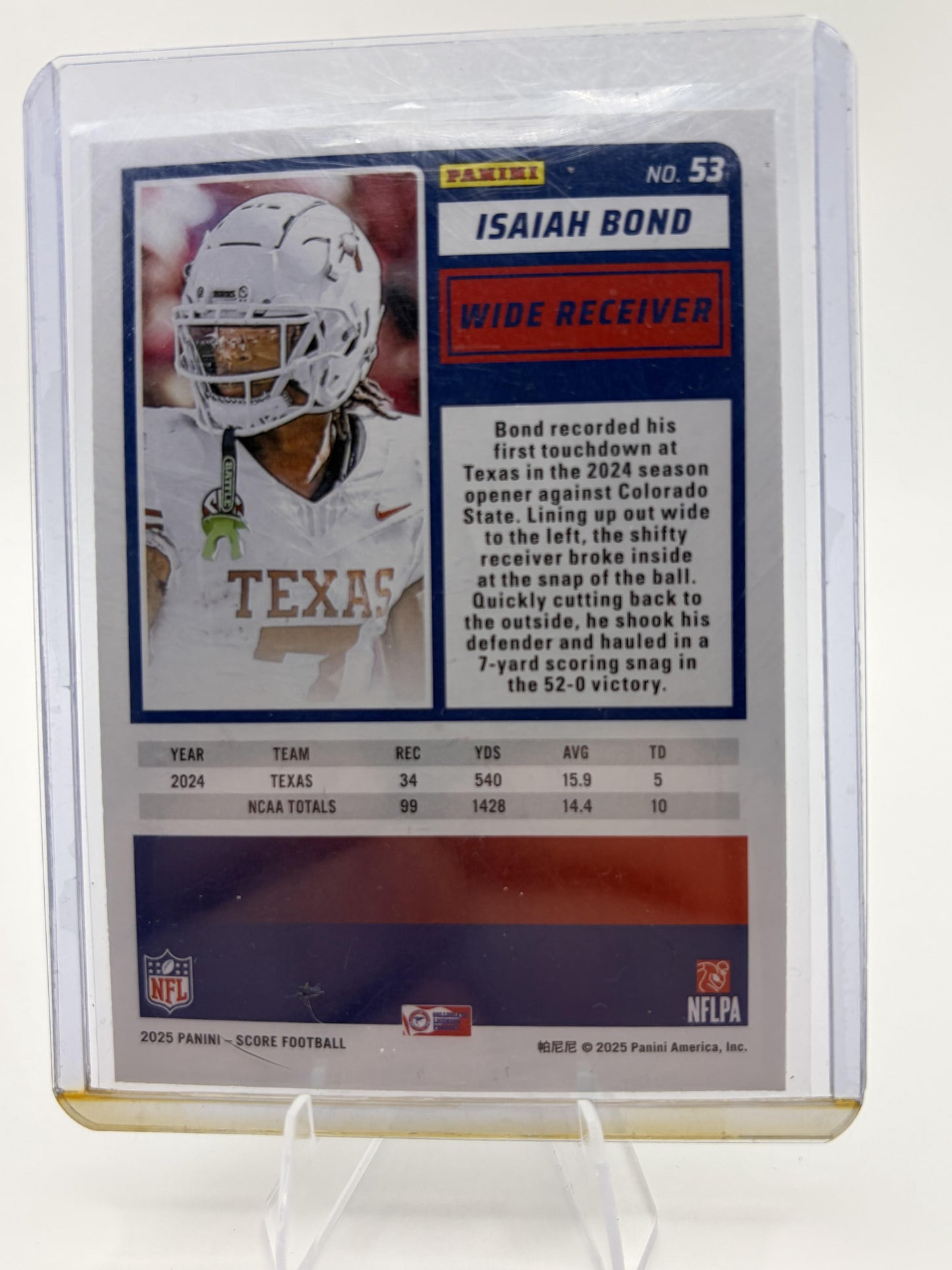 2025 Panini Score Isaiah Bond Rookie Card #53 Texas Longhorns NFL RC