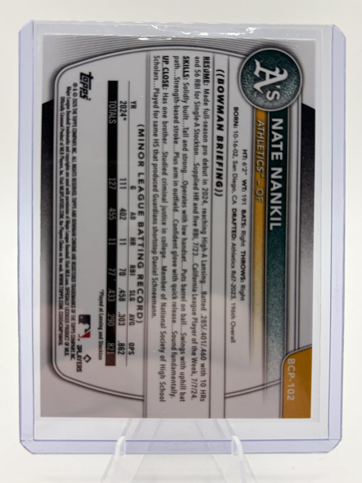 2025 Bowman Chrome Nate Nankil 1st Bowman Card BCP-102 Oakland Athletics