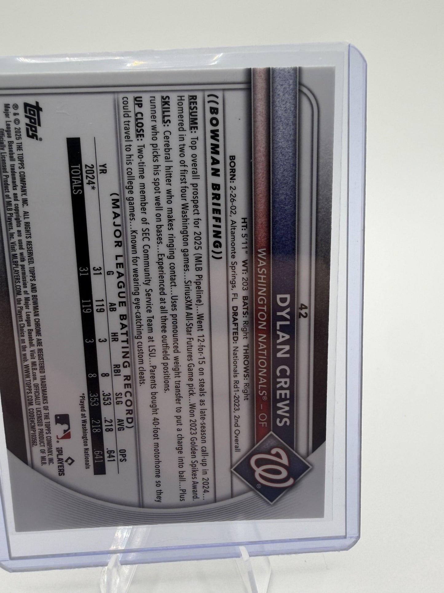 2025 Bowman Chrome Dylan Crews Rookie Card Mojo Refractor Card #42 Nationals