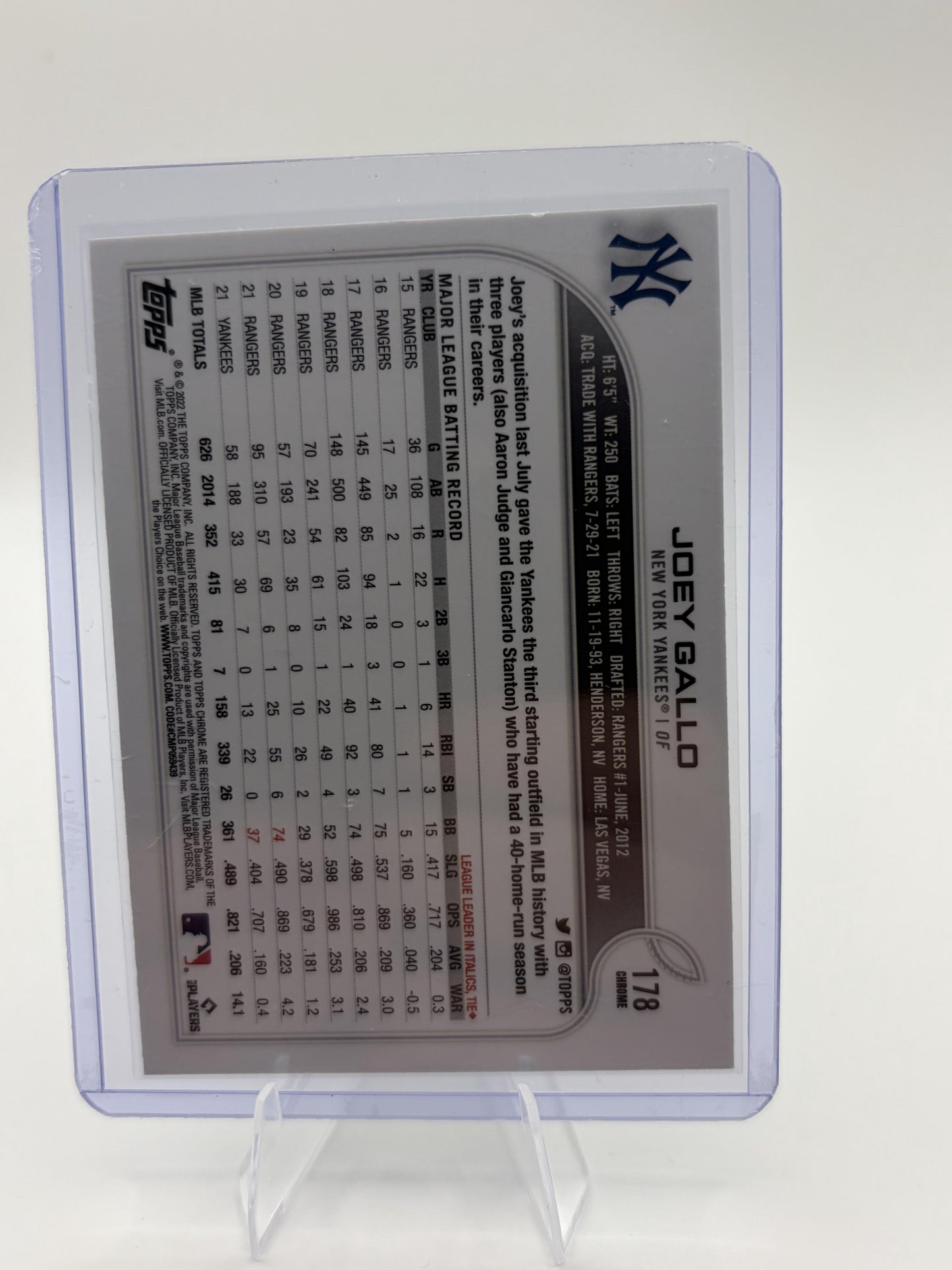 2022 Topps Chrome Joey Gallo Black & White RayWave #178 Yankees Card