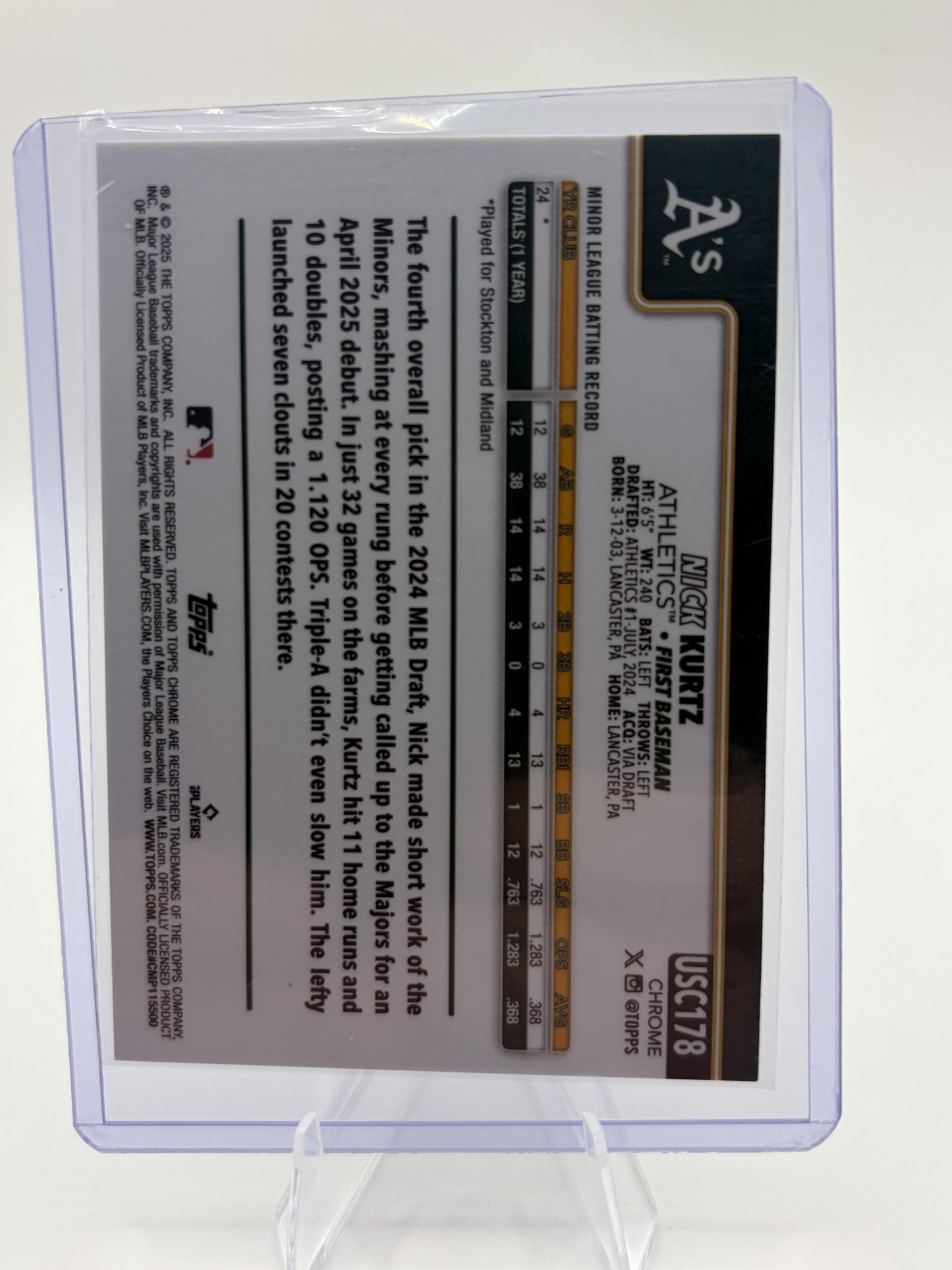 2025 Topps Chrome Nick Kurtz RC Rookie Card #USC178 Sepia Refractor A’s