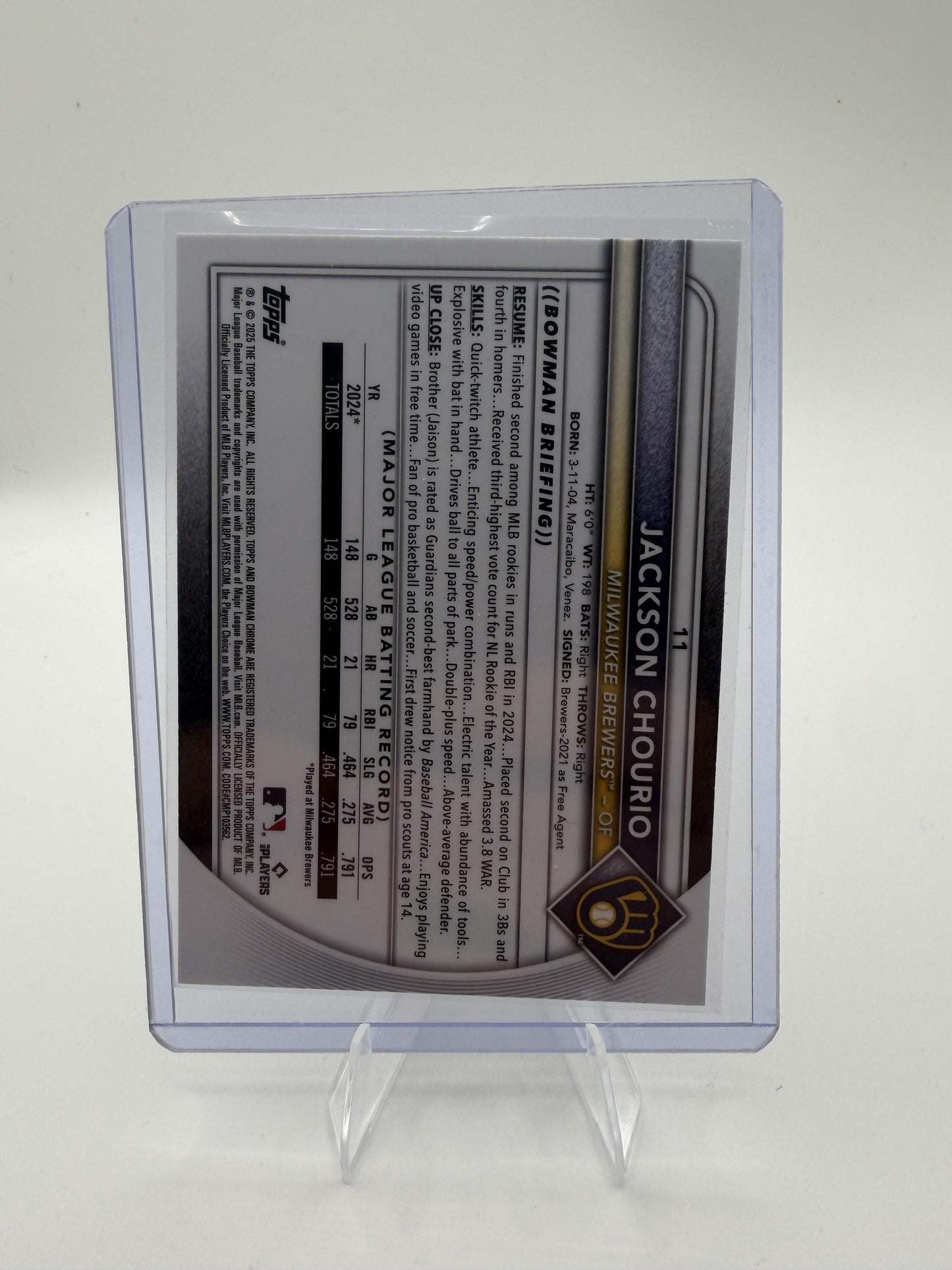 2025 Bowman Chrome Jackson Chourio Mojo Refractor Card #11 Brewers