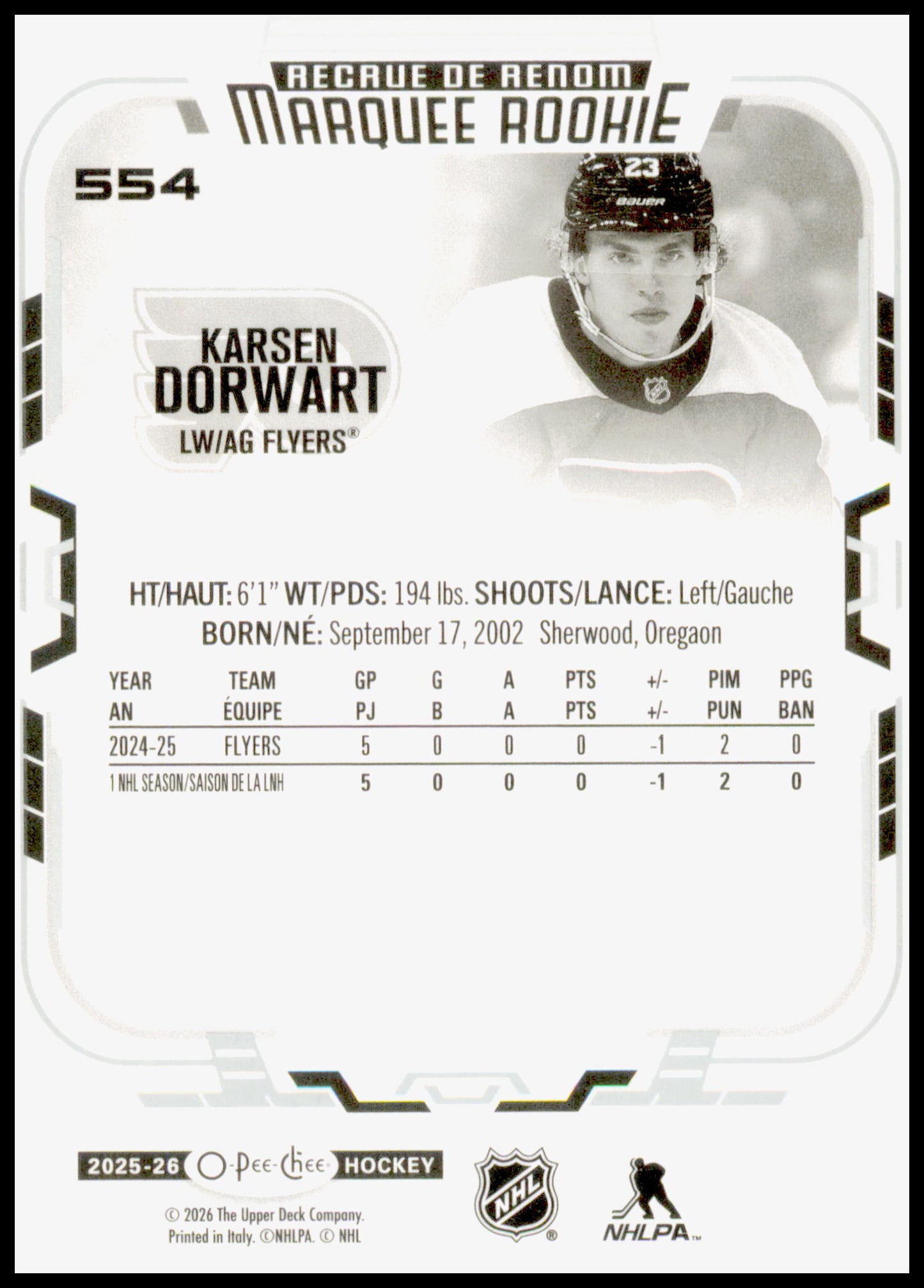 2025-26 O-Pee-Chee Karsen Dorwart Card RC RC