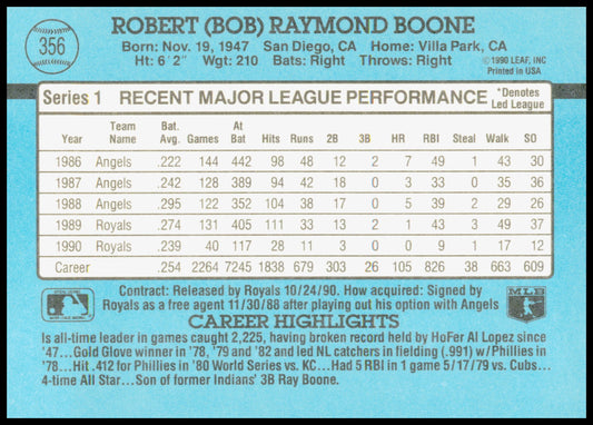 1991 Donruss Bob Boone Card Kansas City Royals #356 - Signs of corner wear