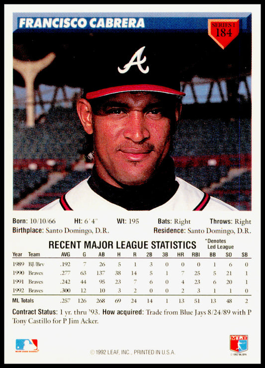 1993 Donruss Francisco Cabrera Card Atlanta Braves