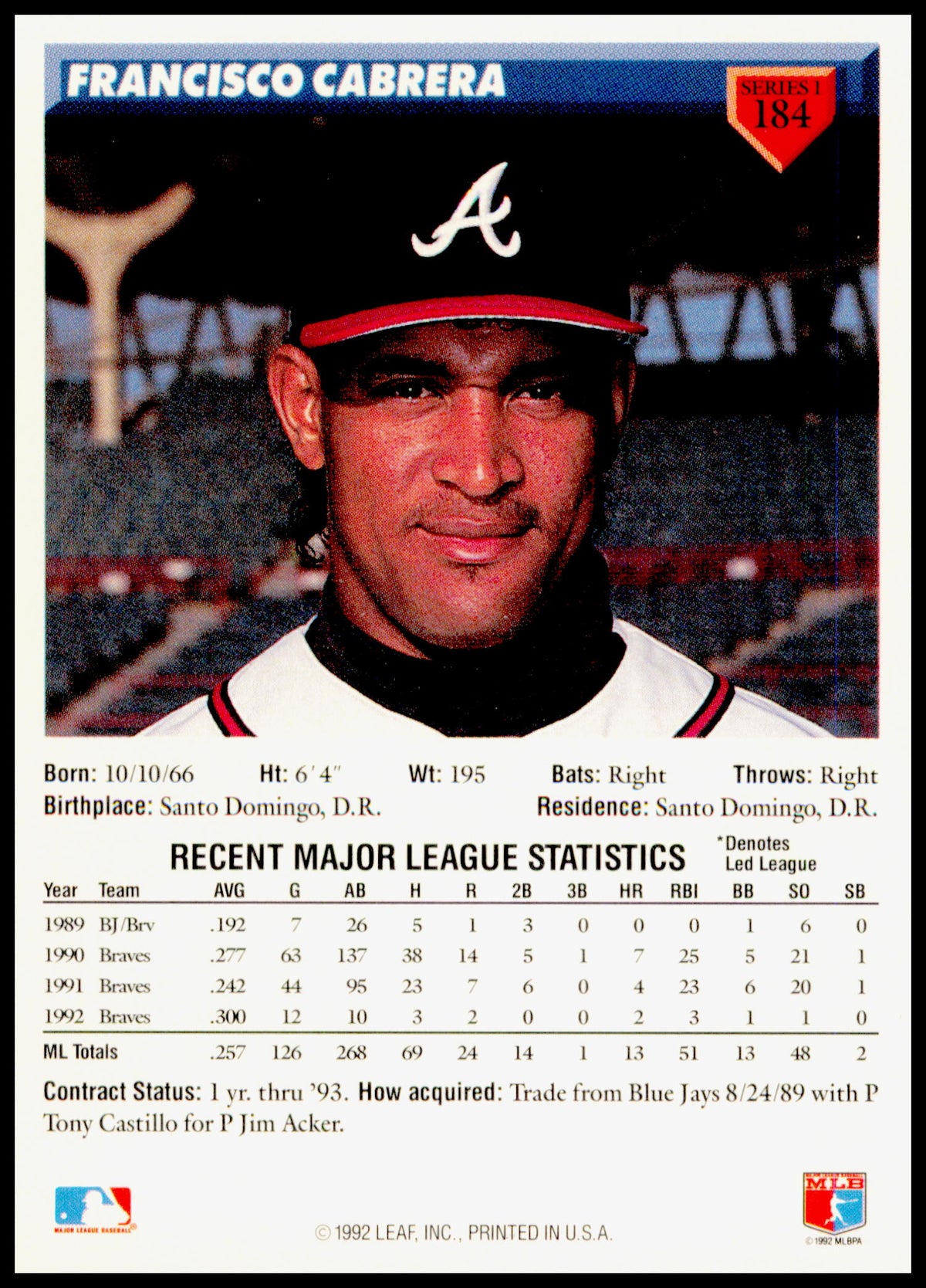 1993 Donruss Francisco Cabrera Card Atlanta Braves