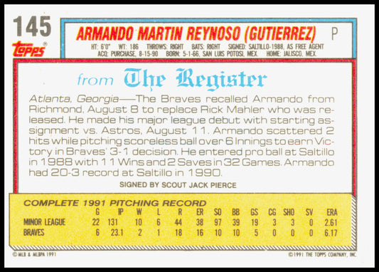 1992 Topps Major League Debut 1991 Armando Reynoso Card