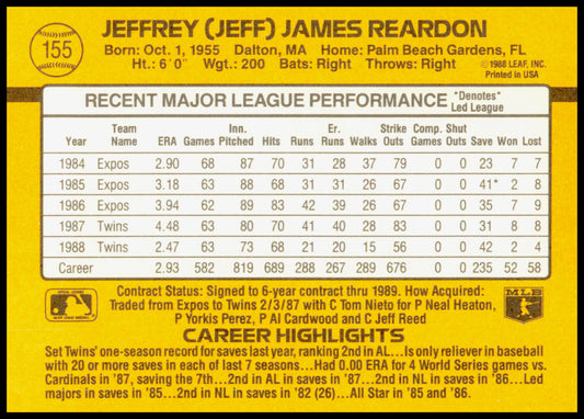 1989 Donruss Jeff Reardon Card Minnesota Twins - not a clean cut on edges