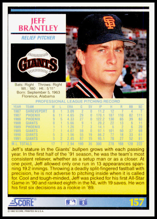 1992 Score Jeff Brantley Card San Francisco Giants - Jagged Top Edge