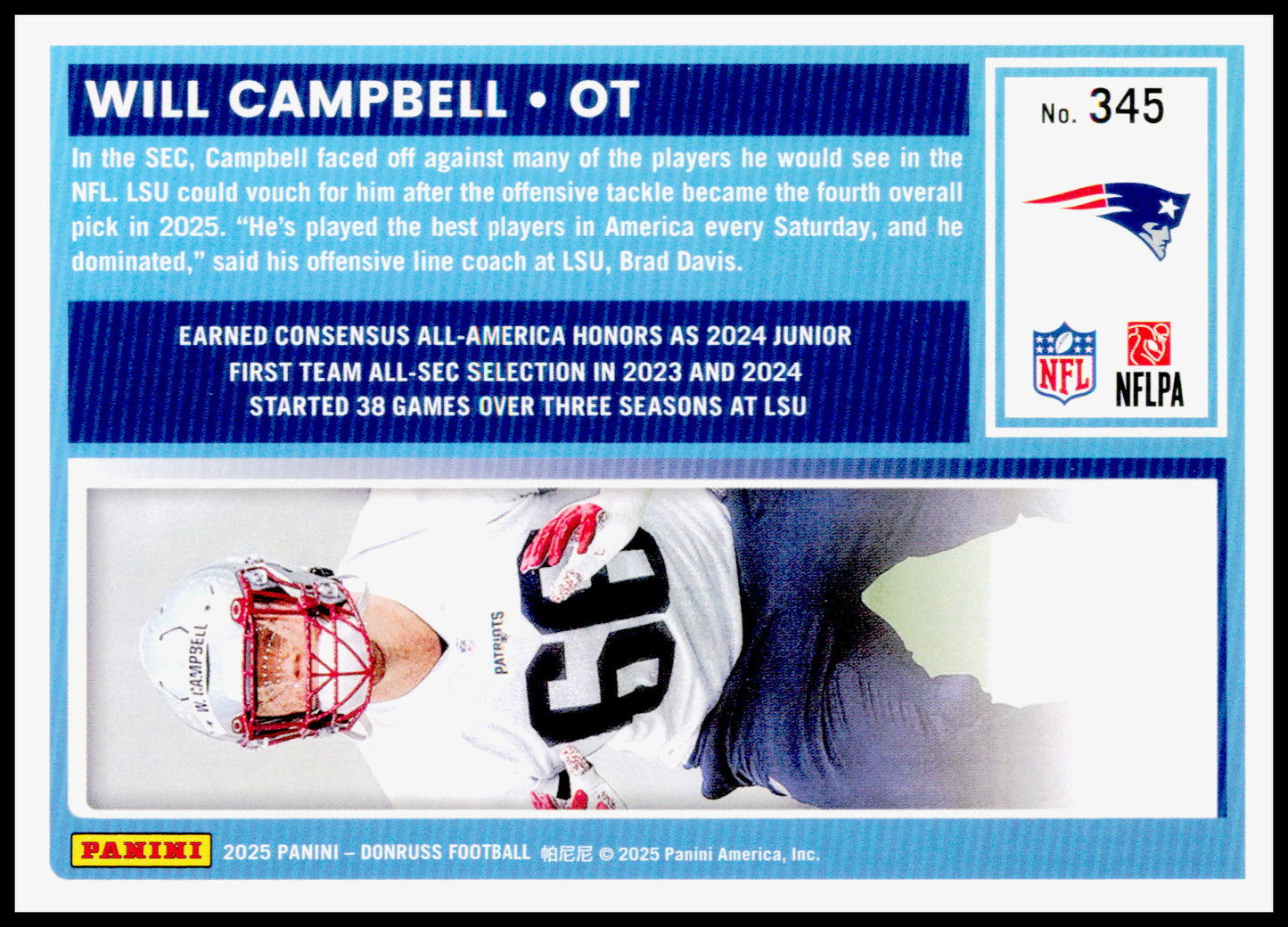 2025 Panini Donruss Will Campbell #345 Patriots Rated Rookie RC Card