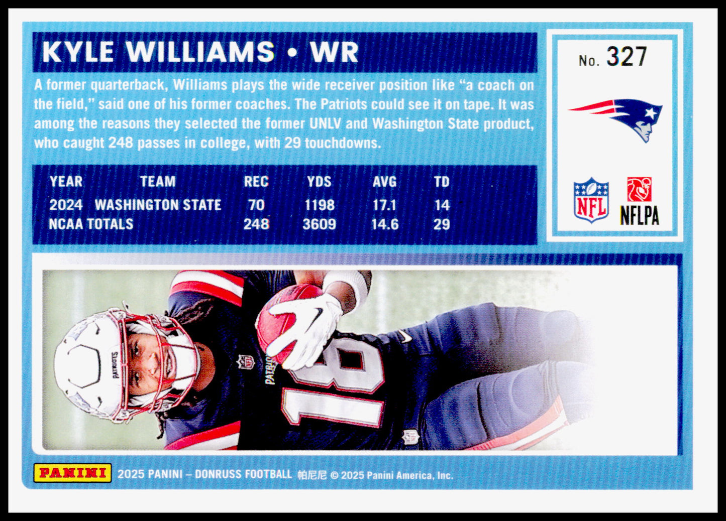 2025 Panini Donruss Kyle Williams #327 Patriots Rated Rookie RC Card