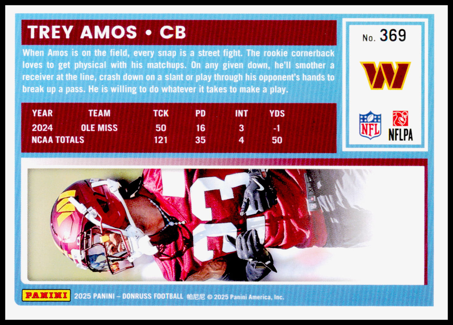 2025 Panini Donruss Trey Amos #369 Commanders Rated Rookie RC Card