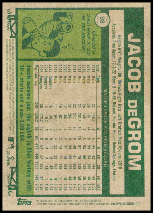 2026 Topps Heritage Jacob deGrom Card