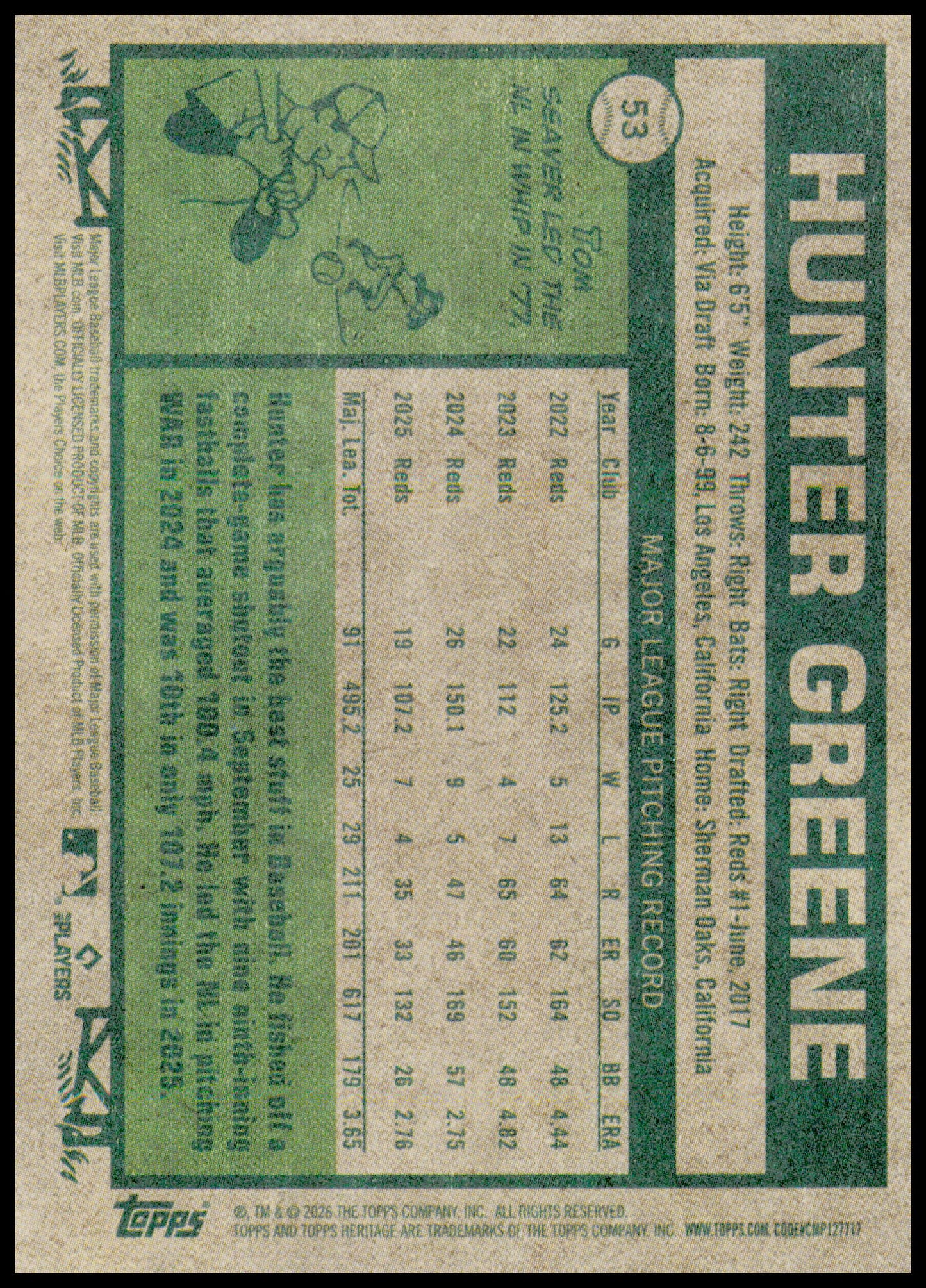 2026 Topps Heritage Hunter Greene Card Cincinnati Reds #53