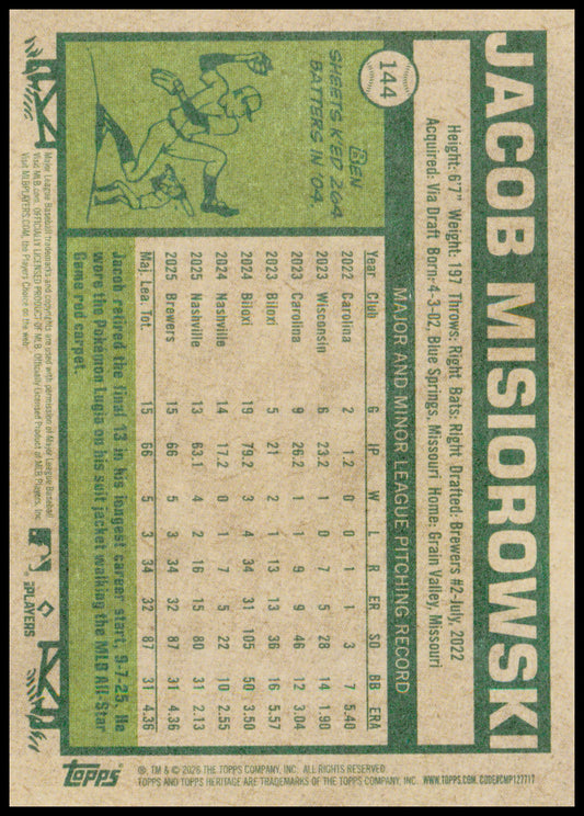 2026 Topps Heritage Jacob Misiorowski Card Rookie