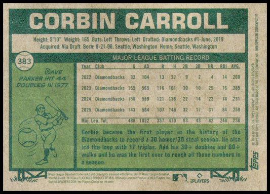 2026 Topps Heritage Corbin Carroll Card Arizona Diamondbacks #383
