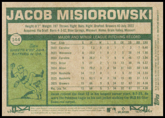 2026 Topps Heritage Jacob Misiorowski Card RC RC