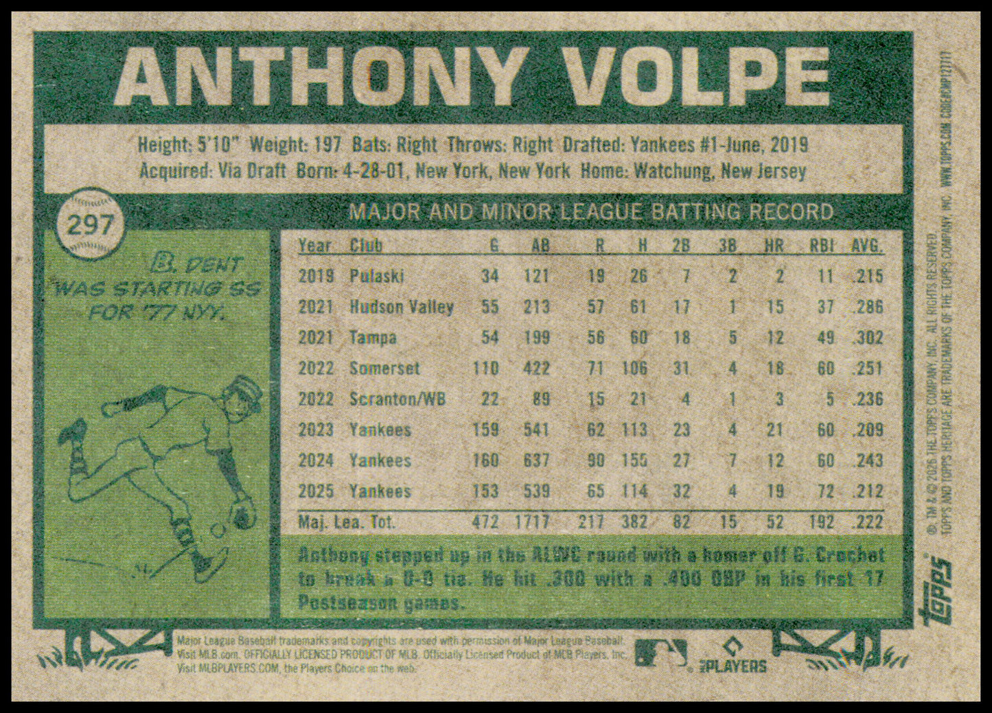 2026 Topps Heritage Anthony Volpe Card New York Yankees #297