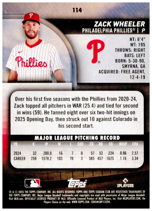2025 Stadium Club Zack Wheeler Card Philadelphia Phillies #114