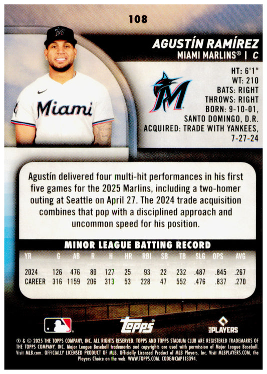 2025 Stadium Club Agustín Ramírez Card RC Miami Marlins #108