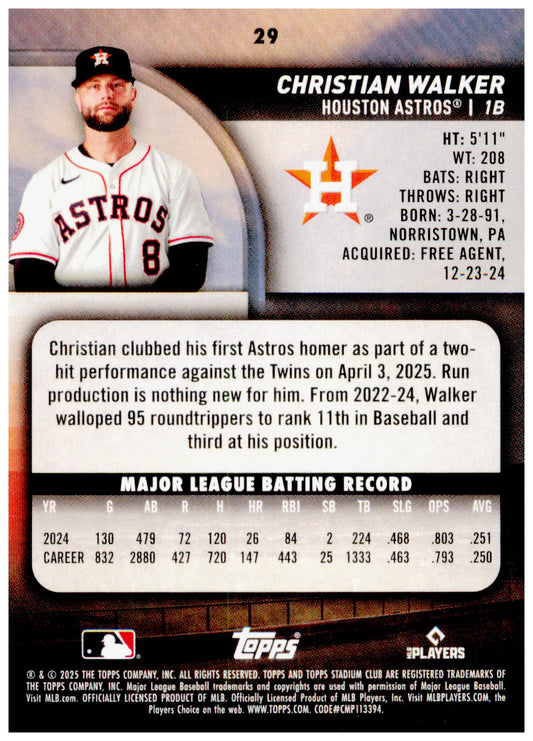 2025 Stadium Club Christian Walker Card Houston Astros #29