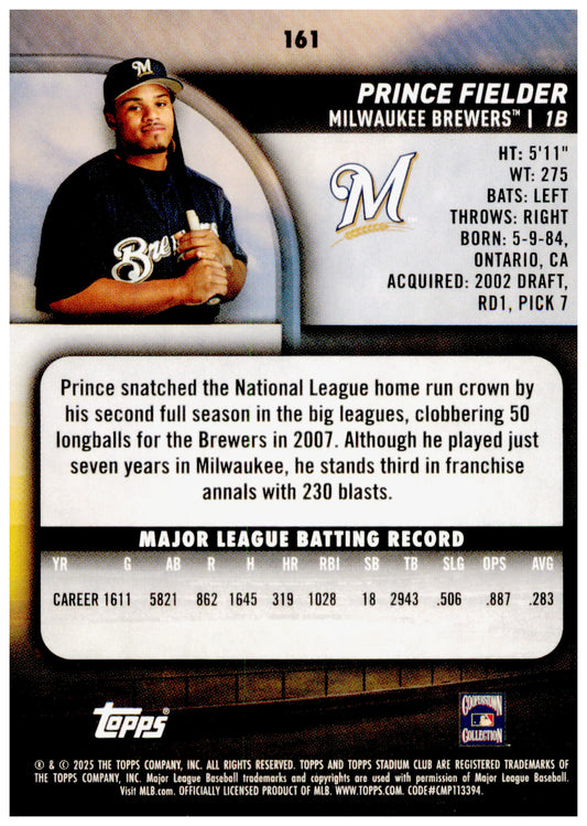2025 Stadium Club Prince Fielder Card Milwaukee Brewers #161