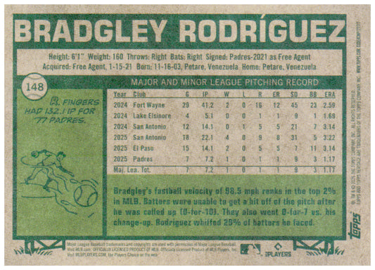 2026 Topps Heritage Bradgley Rodriguez Card RC San Diego Padres #148