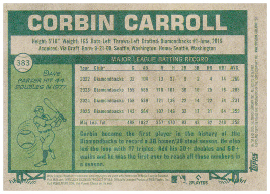 2026 Topps Heritage Corbin Carroll Card Arizona Diamondbacks #383