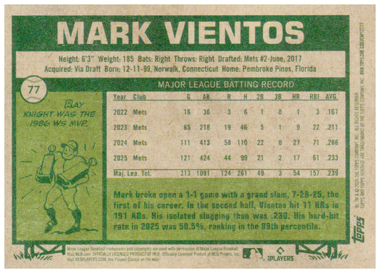 2026 Topps Heritage Mark Vientos Card New York Mets #77