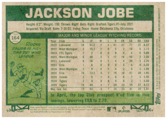 2026 Topps Heritage Jackson Jobe Card Detroit Tigers #164