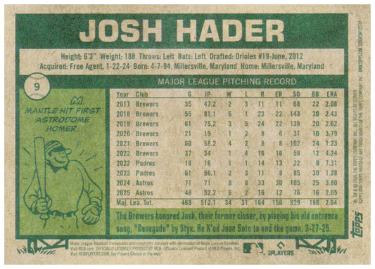2026 Topps Heritage Josh Hader Card Houston Astros #9