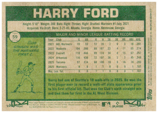 2026 Topps Heritage Harry Ford Card RC Seattle Mariners #59