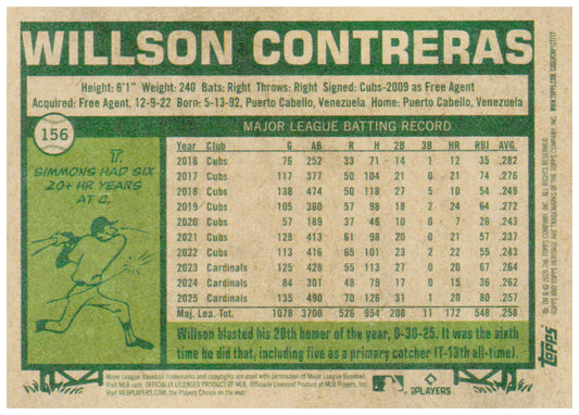2026 Topps Heritage Willson Contreras Card St. Louis Cardinals #156