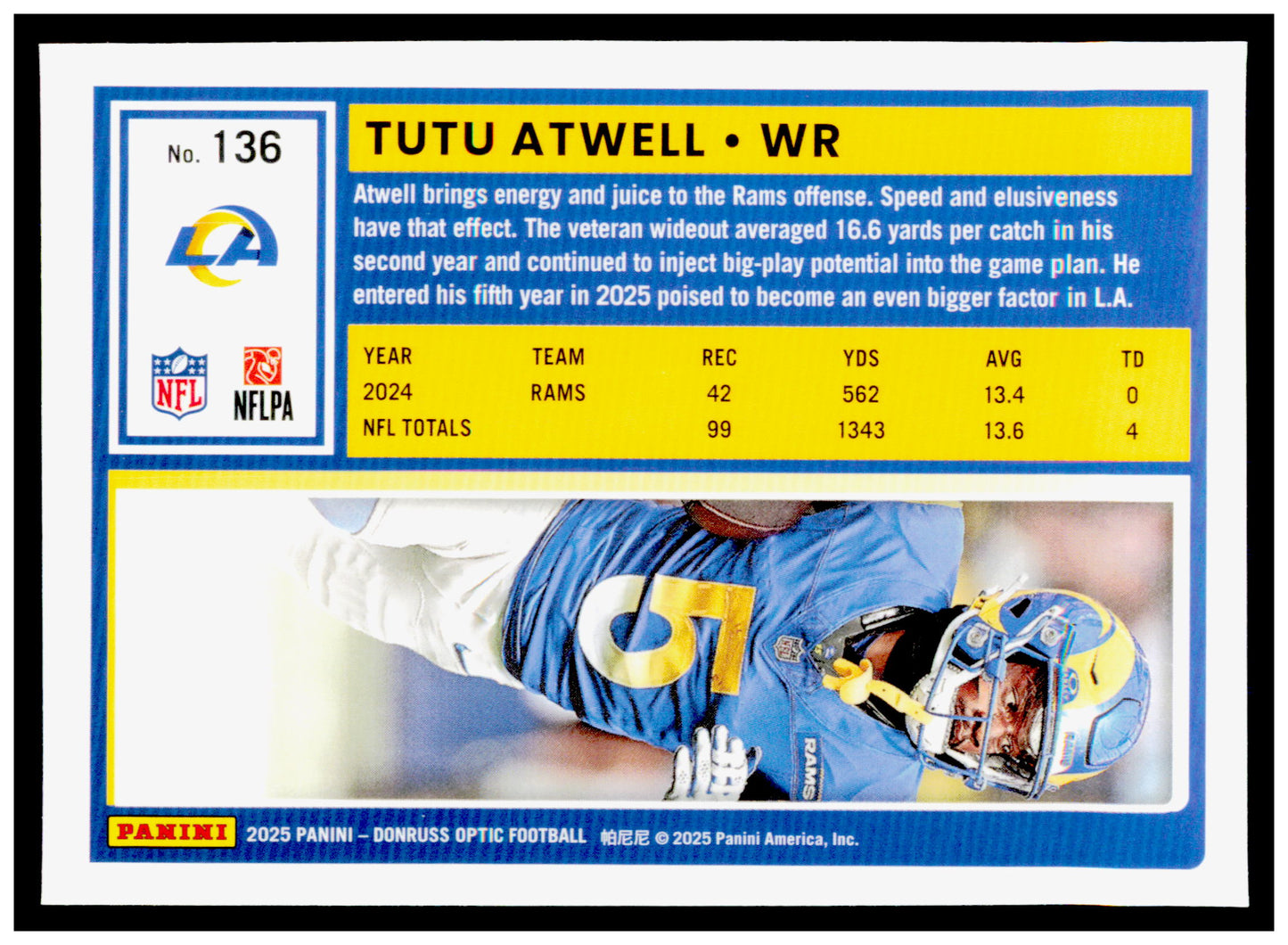 2025 Donruss Optic Tutu Atwell Card Los Angeles Rams #136