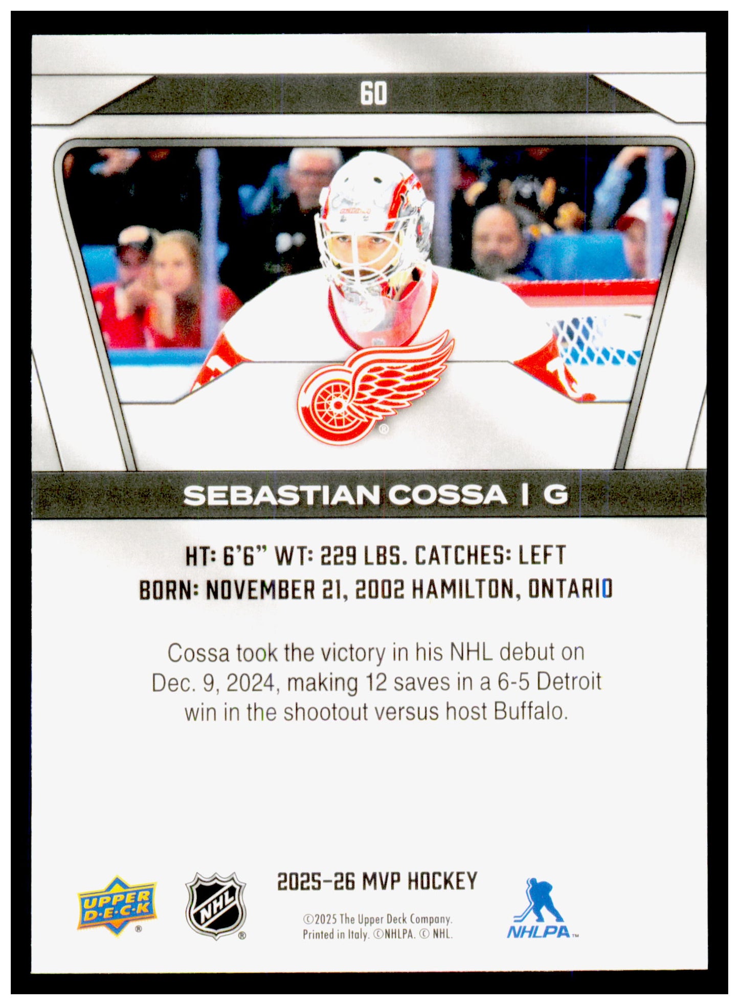 2025-26 Upper Deck MVP Sebastian Cossa Card Detroit Red Wings #60