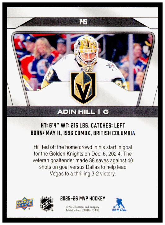 2025-26 Upper Deck MVP Adin Hill Card Vegas Golden Knights #145