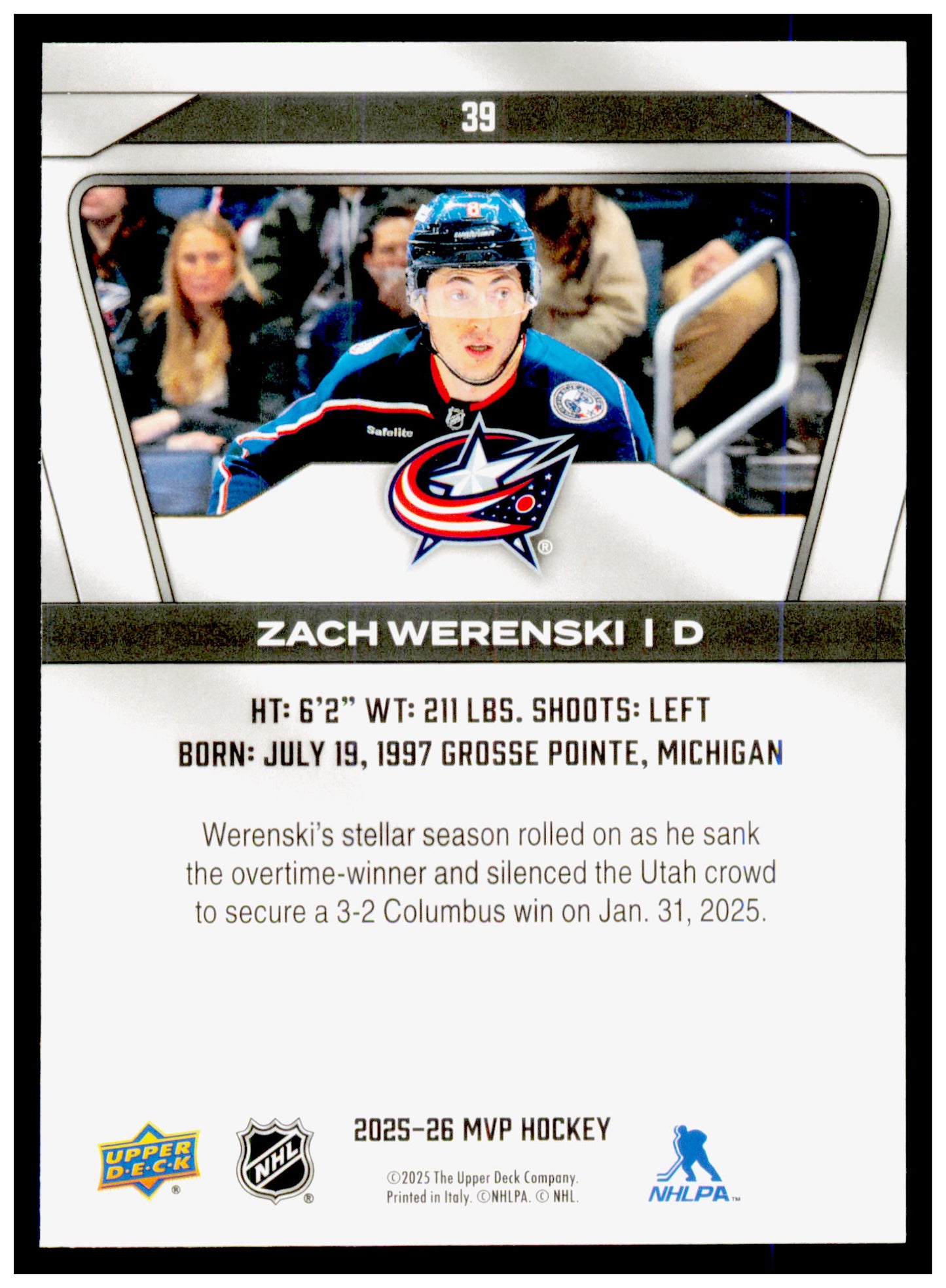 2025-26 Upper Deck MVP Zach Werenski Card Columbus Blue Jackets #39