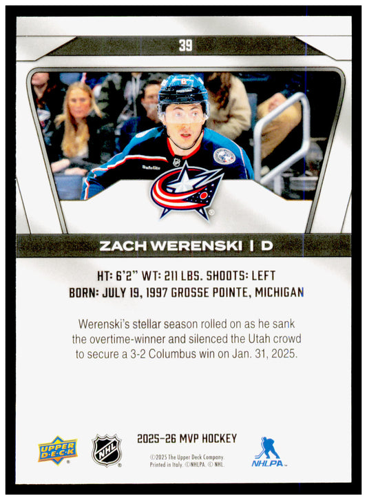 2025-26 Upper Deck MVP Zach Werenski Card Columbus Blue Jackets #39
