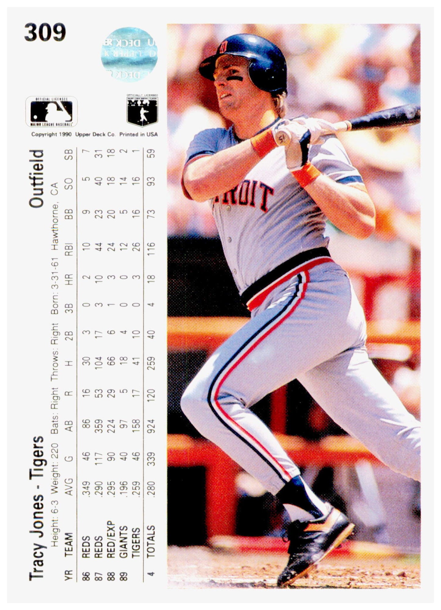 1990 Upper Deck Tracy Jones Card Detroit Tigers #309