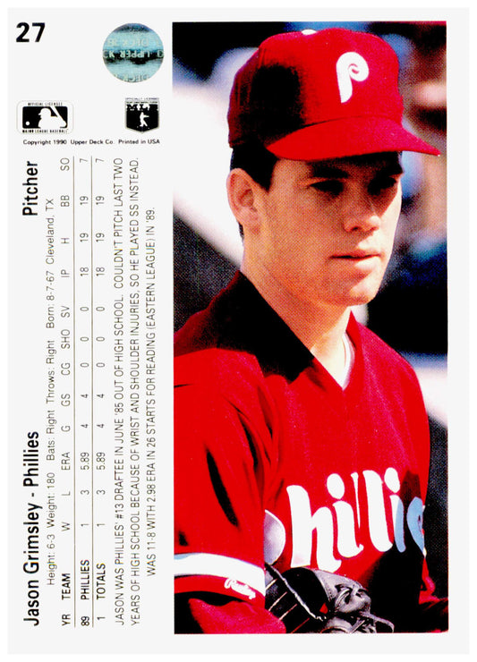 1990 Upper Deck Jason Grimsley Card RC Philadelphia Phillies #27