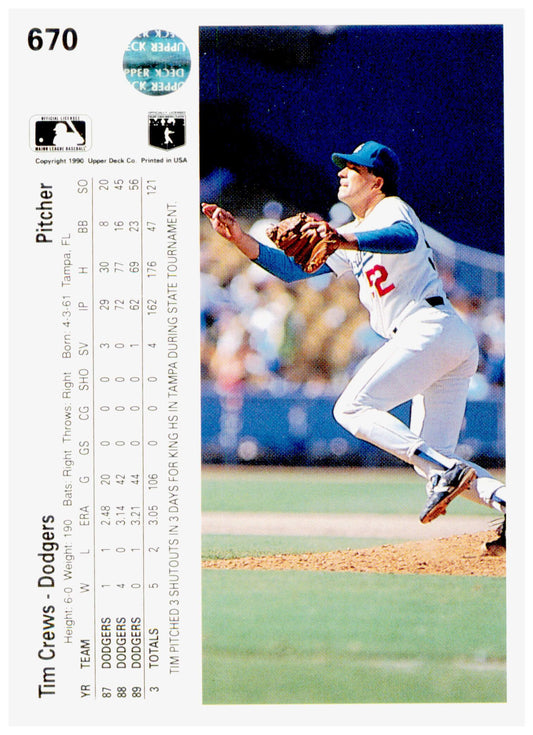 1990 Upper Deck Tim Crews Card Los Angeles Dodgers #670